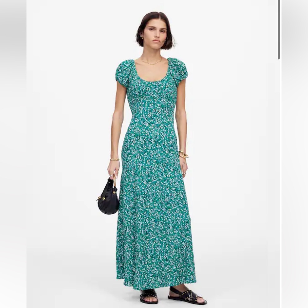 MADEWELL floral ruched scoop neck maxi dress green floral cap sleeve size 4